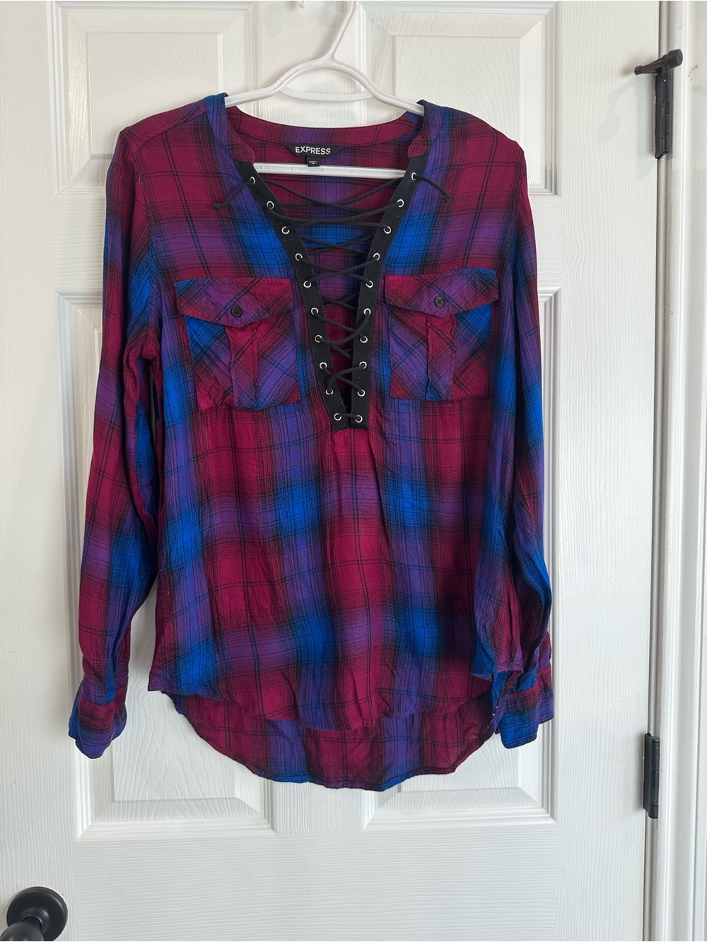 Express Plaid Lace-Up Tunic Top - Burgundy & Blue Medium